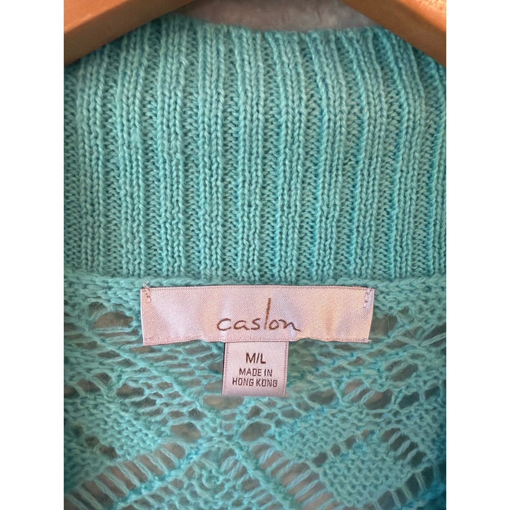Caslon Cardigan Women M/L Turquoise Wool Blend Pointelle Knit Shrug Short Sleeve - Picture 2 of 7